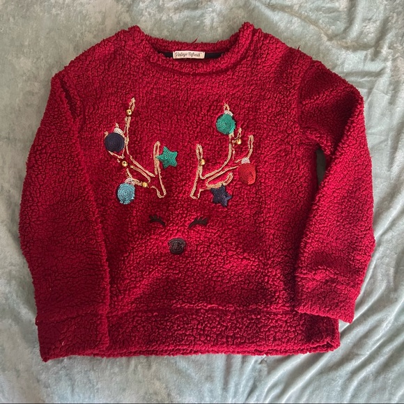 Sherpa Sequin Reindeer Christmas Sweater Pullover - Picture 2 of 8
